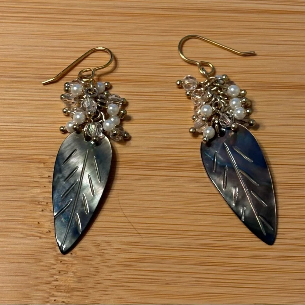 Shell Feather Charms With Glass Pearl Clusters Lightweight Earrings